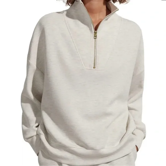 NEW Varley Hawley Half Zip Sweatshirt in Ivory Marl - Picture 1 of 7